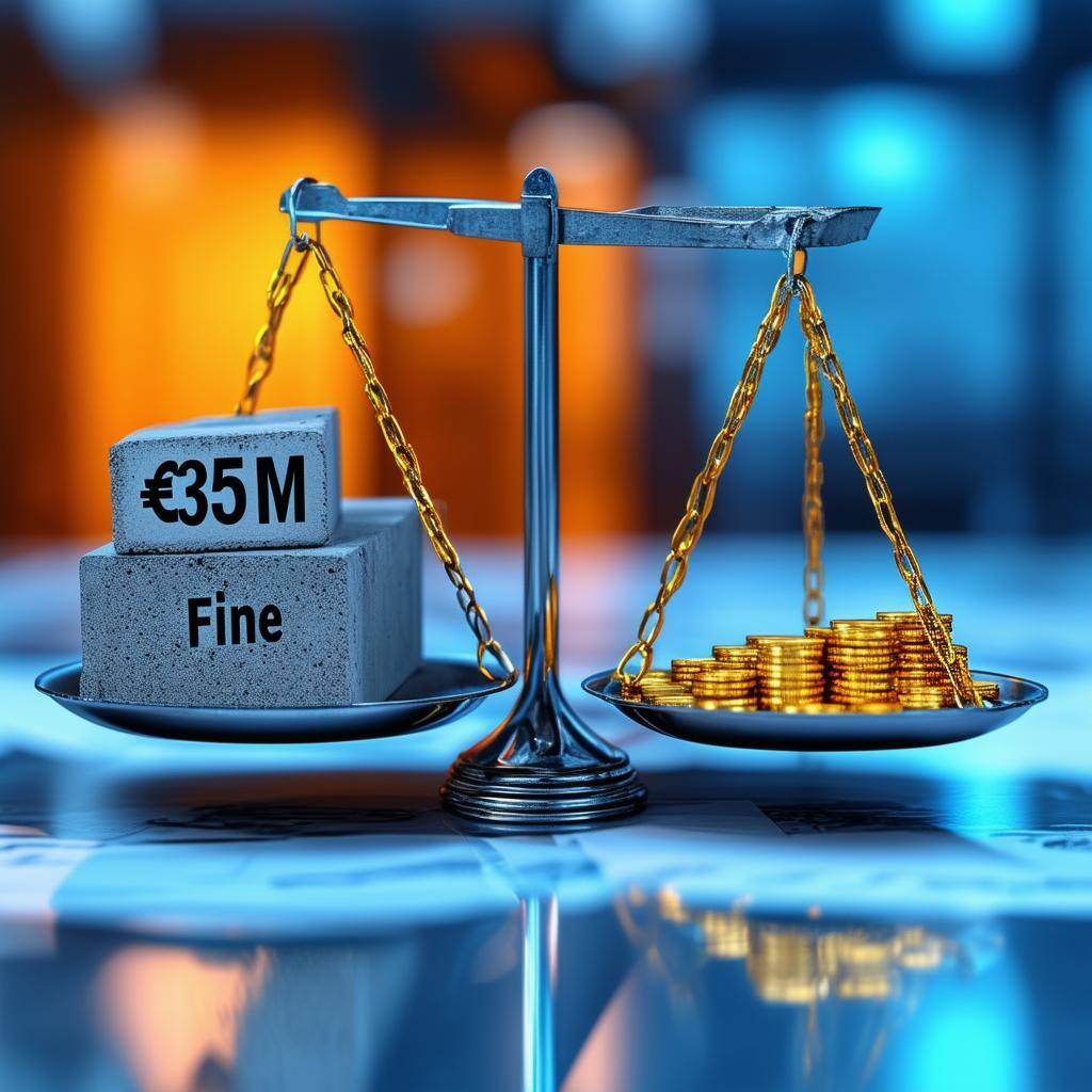Eine ausgewogene Waage in einer rohen, realistischen fotorealistischen Umgebung, auf der einen Seite mit der Aufschrift €35M Fine, die große, schwere Betonblöcke hält, und auf der anderen Seite mar-2