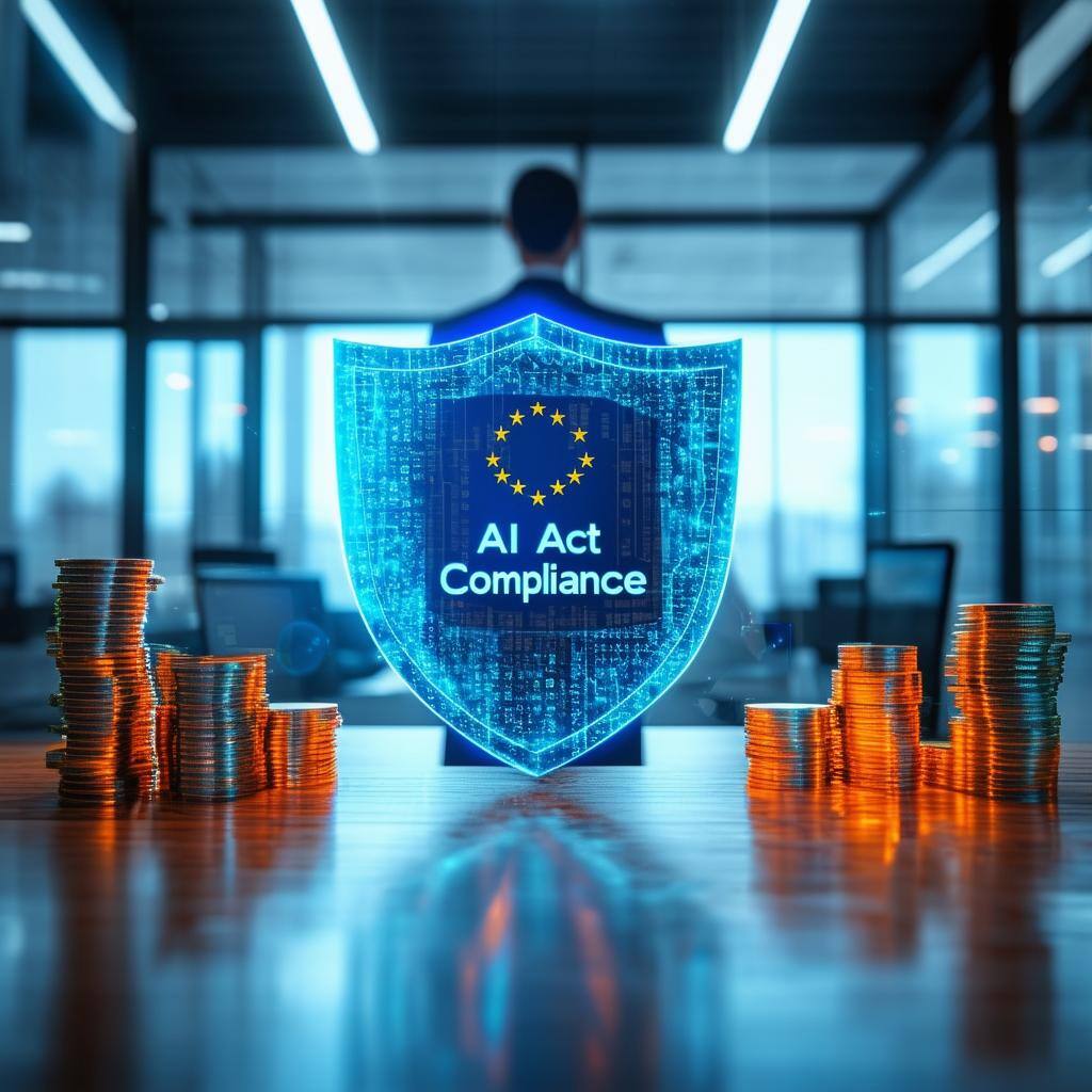 Ein Unternehmensleiter in einer eleganten, modernen Büroumgebung steht selbstbewusst vor einem leuchtenden digitalen Schild, das Stapel von Münzen, Papieren, a-1