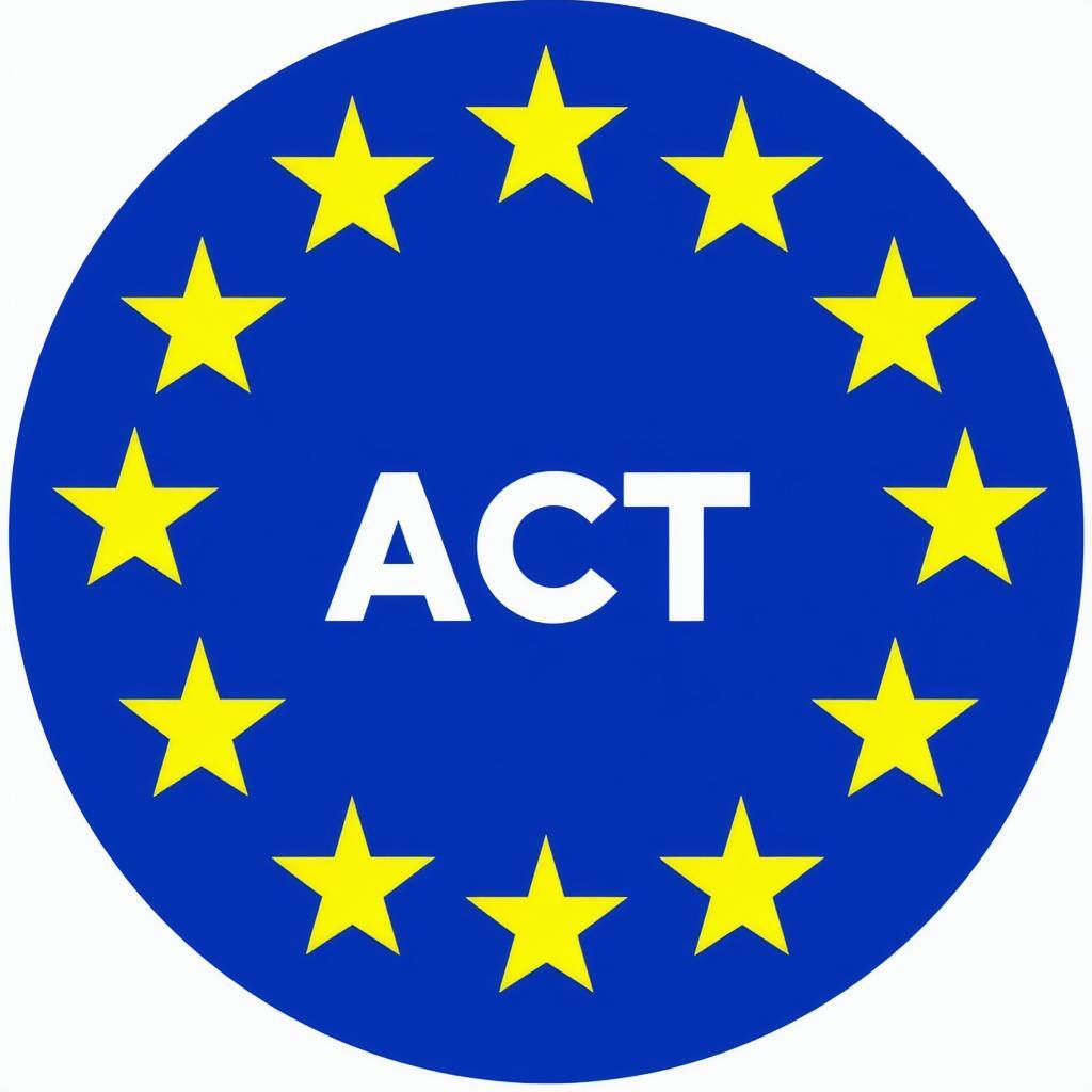 Ein rundes Blau mit gleichmäßig verteilten gelben Sternen wie das europäische Logo mit der Aufschrift ACT in der Mitte