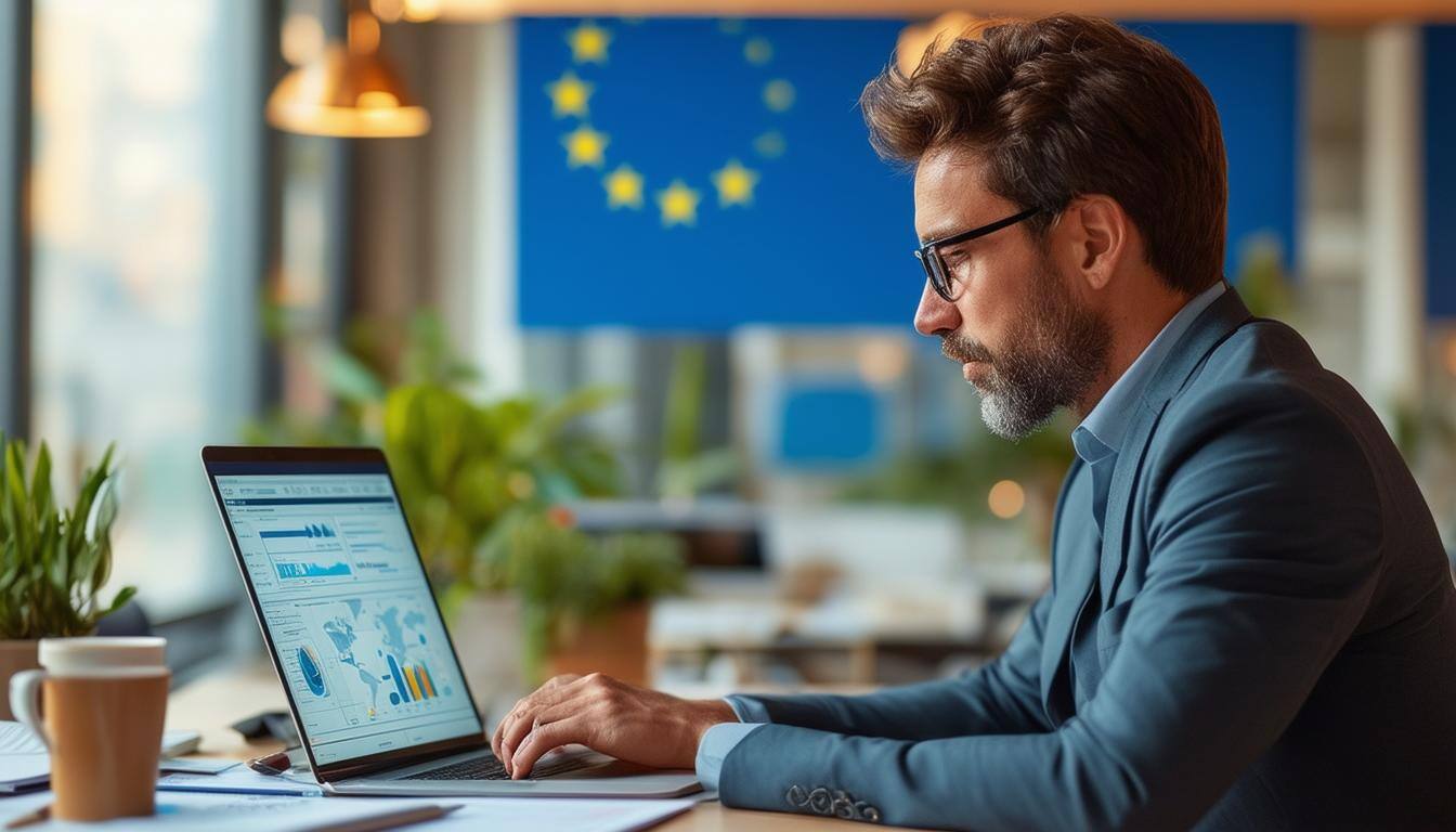 Erstellen Sie ein fotorealistisches Bild einer professionellen Person, die an einem modernen Schreibtisch in einem hellen, zeitgenössischen Büroraum sitzt