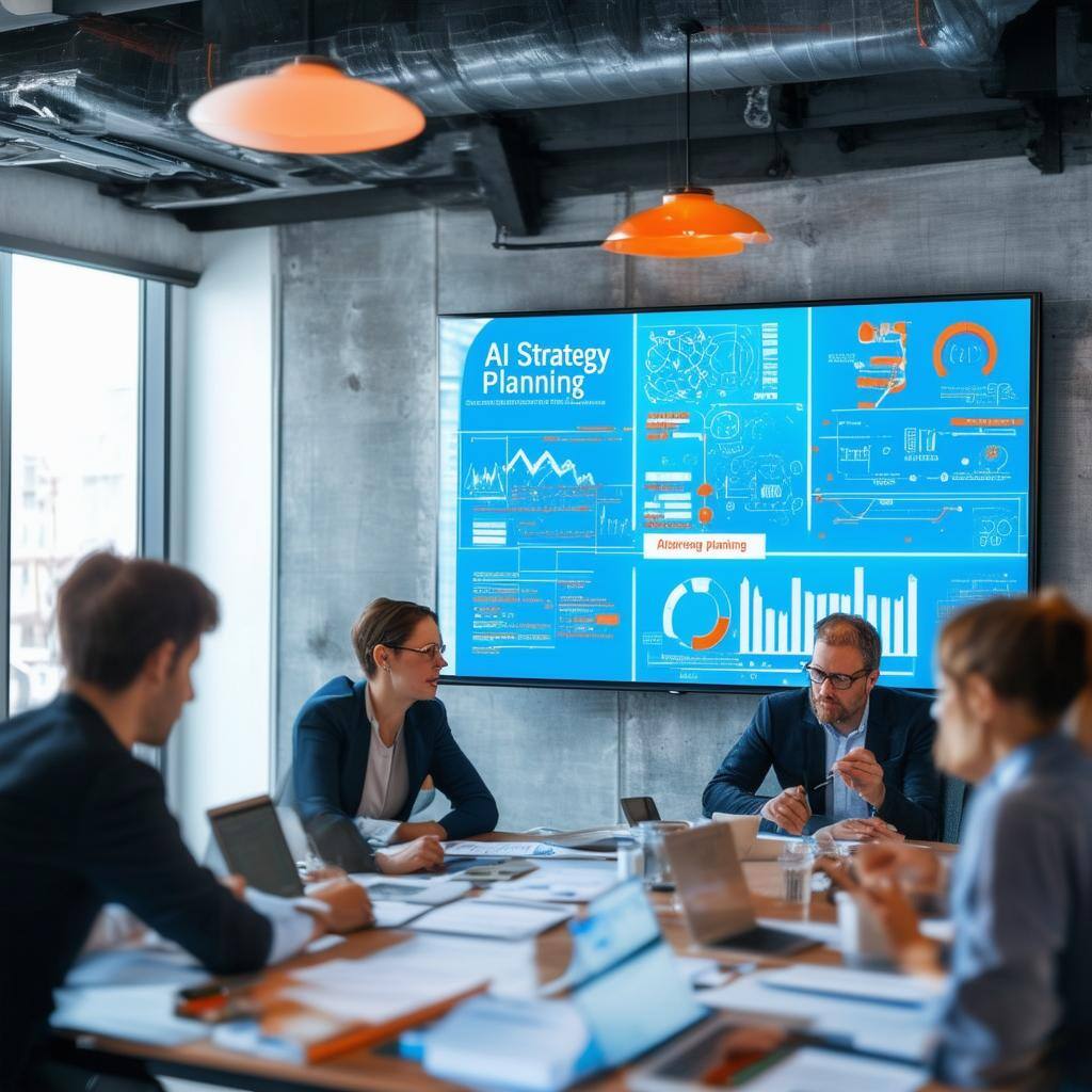 Create a realistic image of a corporate workspace setting where AI Strategy Planning is actively taking place-1