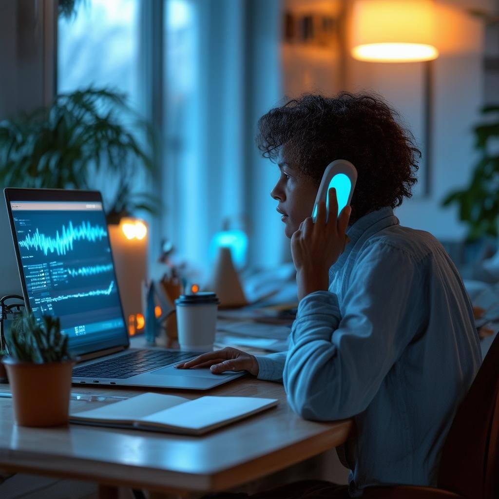Stellen Sie sich eine realistische Szene vor, in der eine Person an einem aufgeräumten, modernen Schreibtisch im Home Office sitzt und telefoniert-1