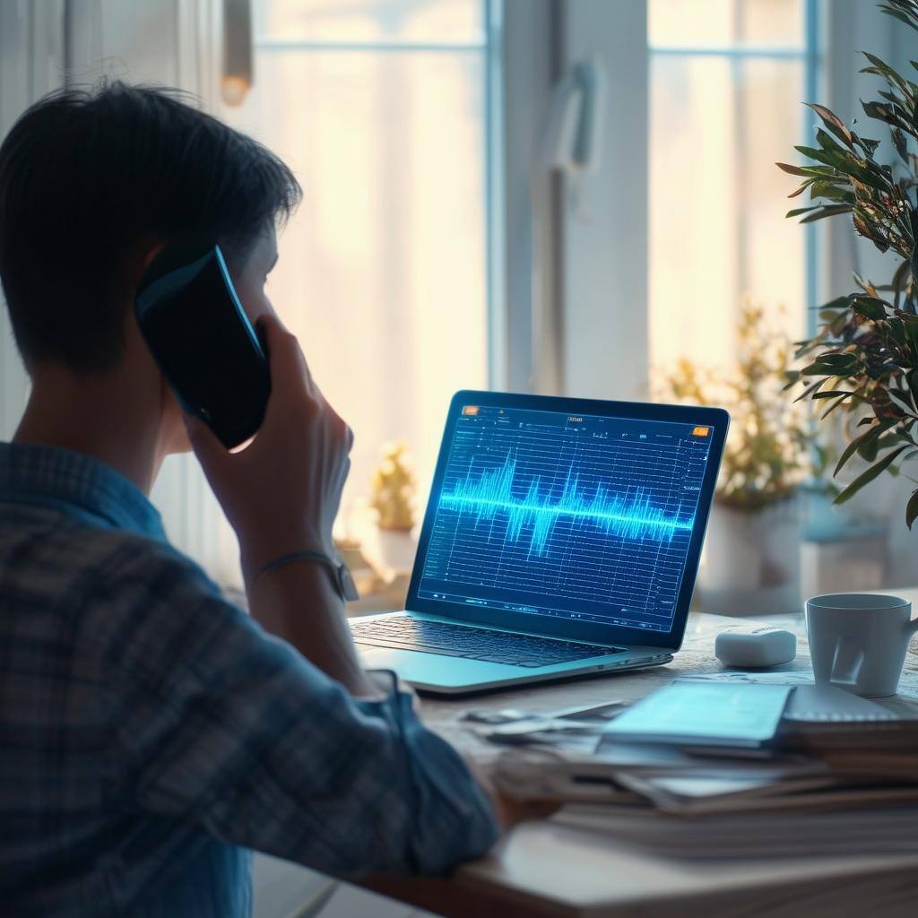 Eine Person, die an einem aufgeräumten, modernen Schreibtisch im Home Office sitzt und telefoniert