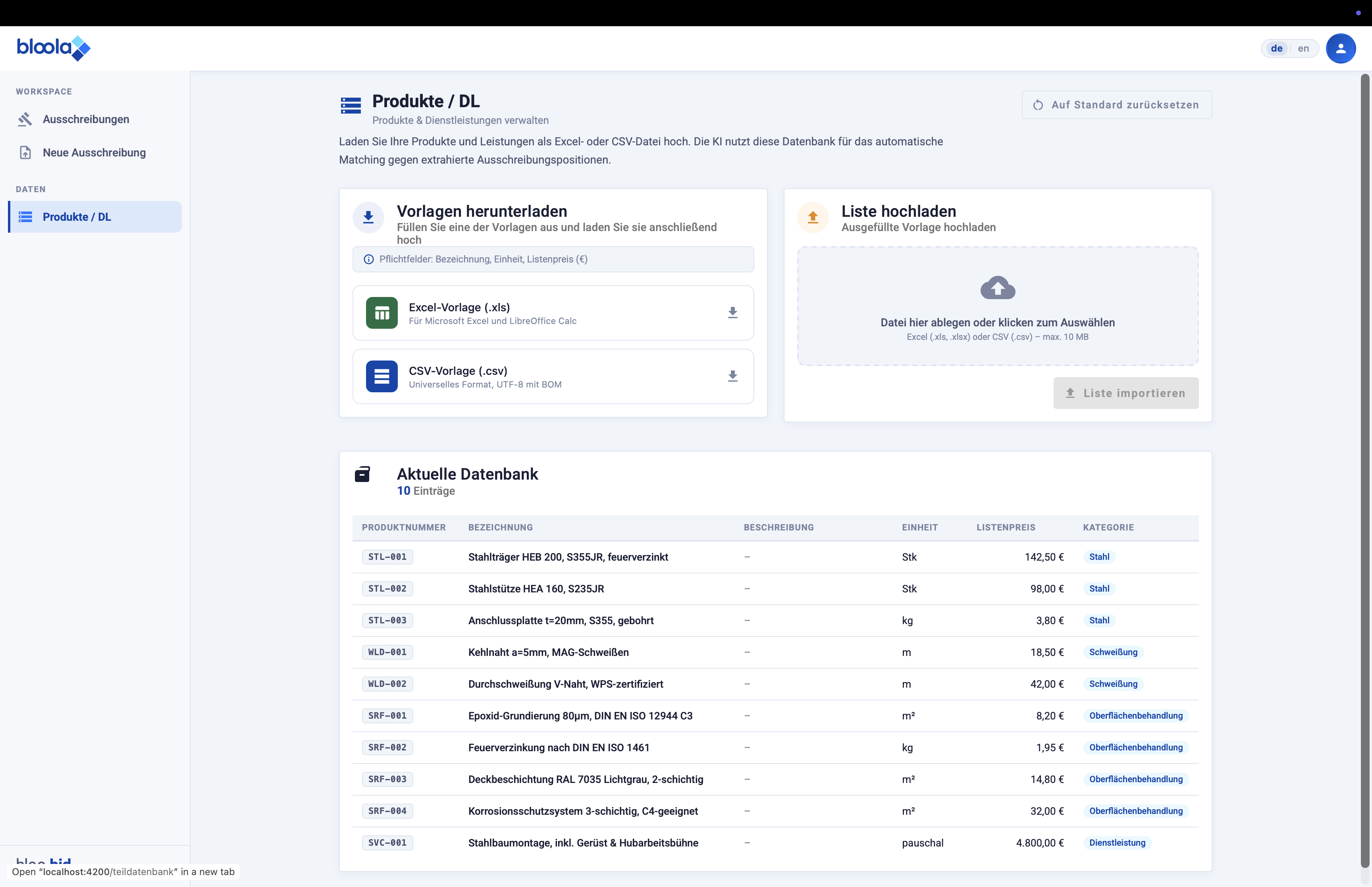 Übersicht der eigenen Produkte und Dienstleistungen