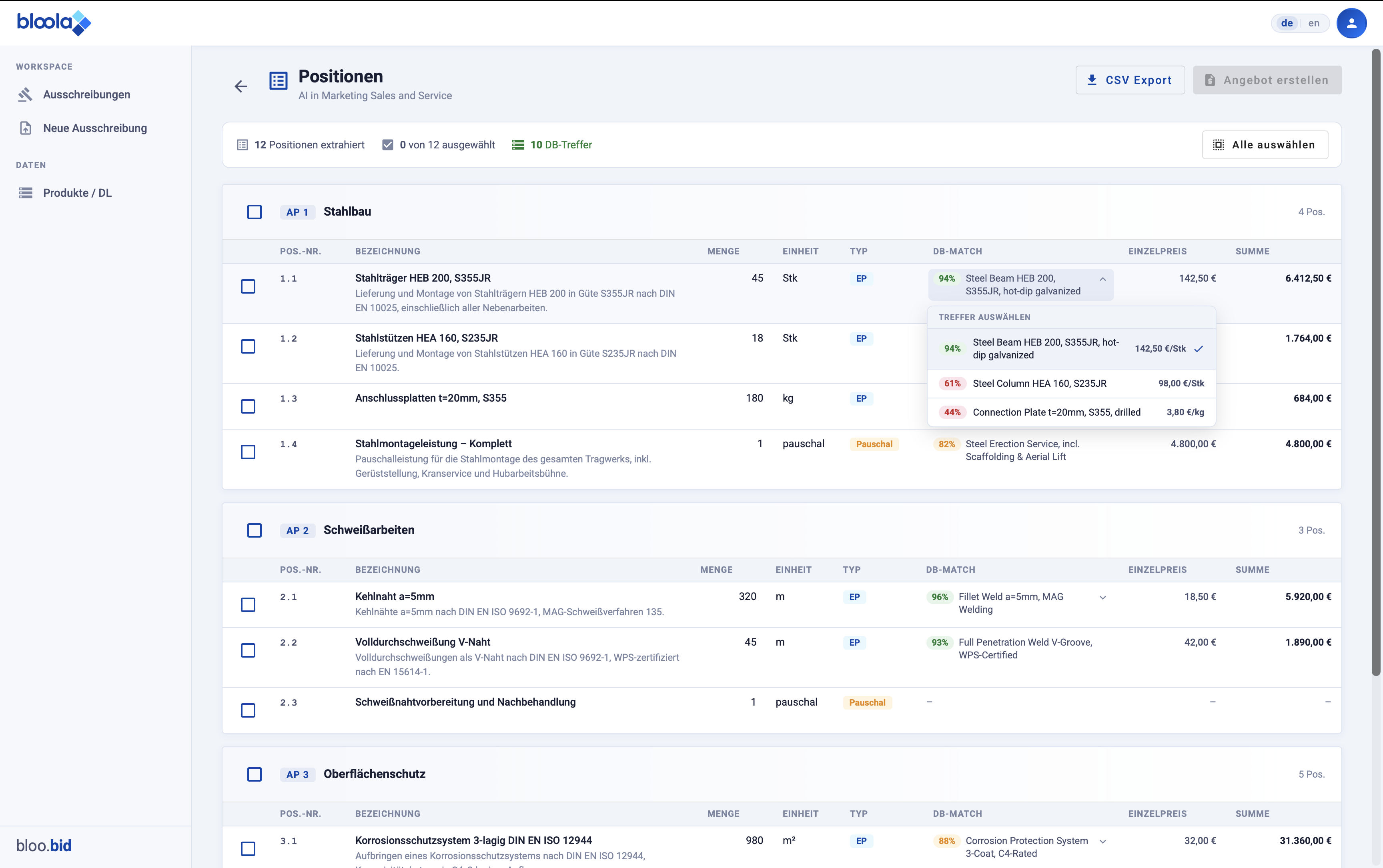 Positionen auswerten