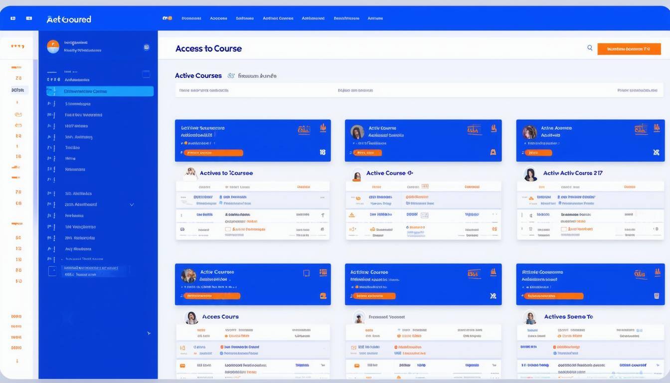 21. Access to Courses A dashboard with a clear split view of active courses and freemium content. Bluetinted UI panel dividers, orange highlights on a-3