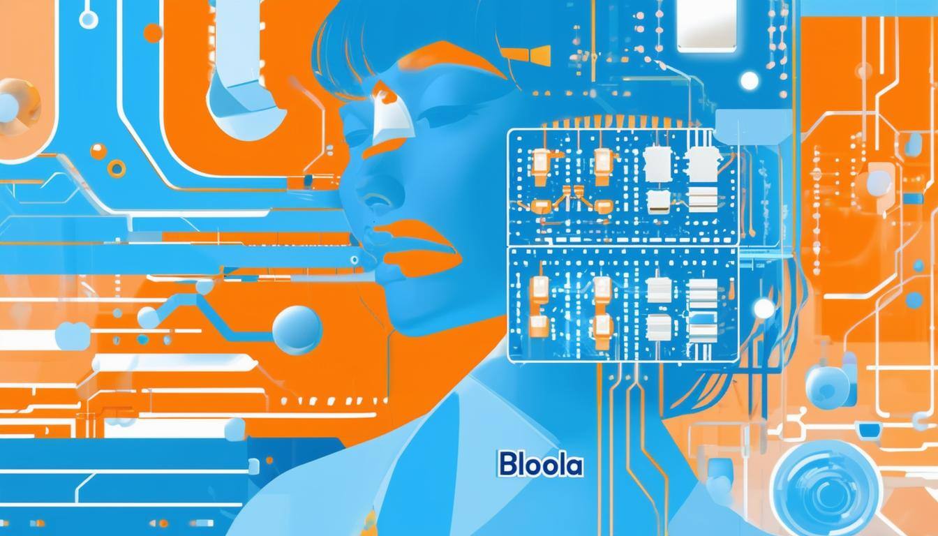 A computer print plate like environment with graphics that visualise or represent a voice agent voice coming from a Bloola branded chip-4