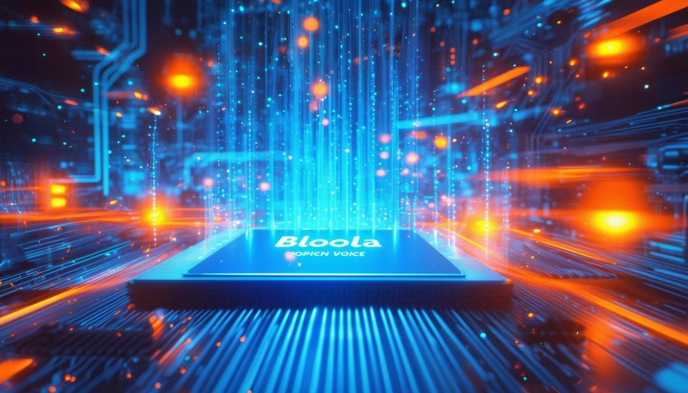 A vibrant computer like environment with graphics that visualise or represent a voice agent voice coming from a Bloola branded chip-Sep-25-2024-04-33-54-5183-PM