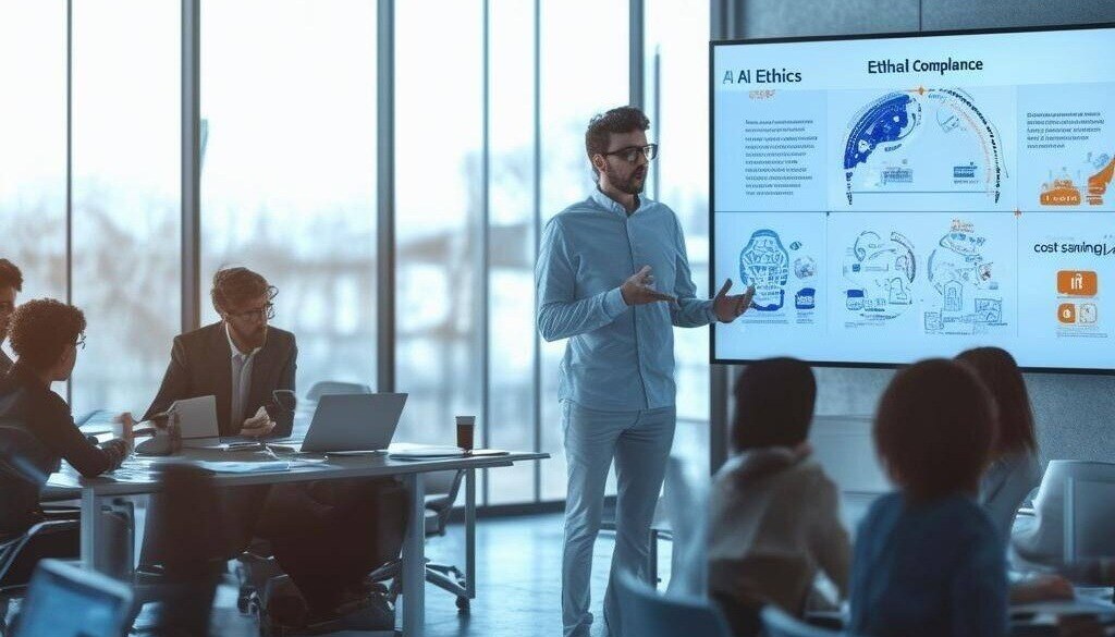 A workplace training session on AI ethics and compliance with the EU AI Act, captured in a raw, realistic, photorealistic style-1-1