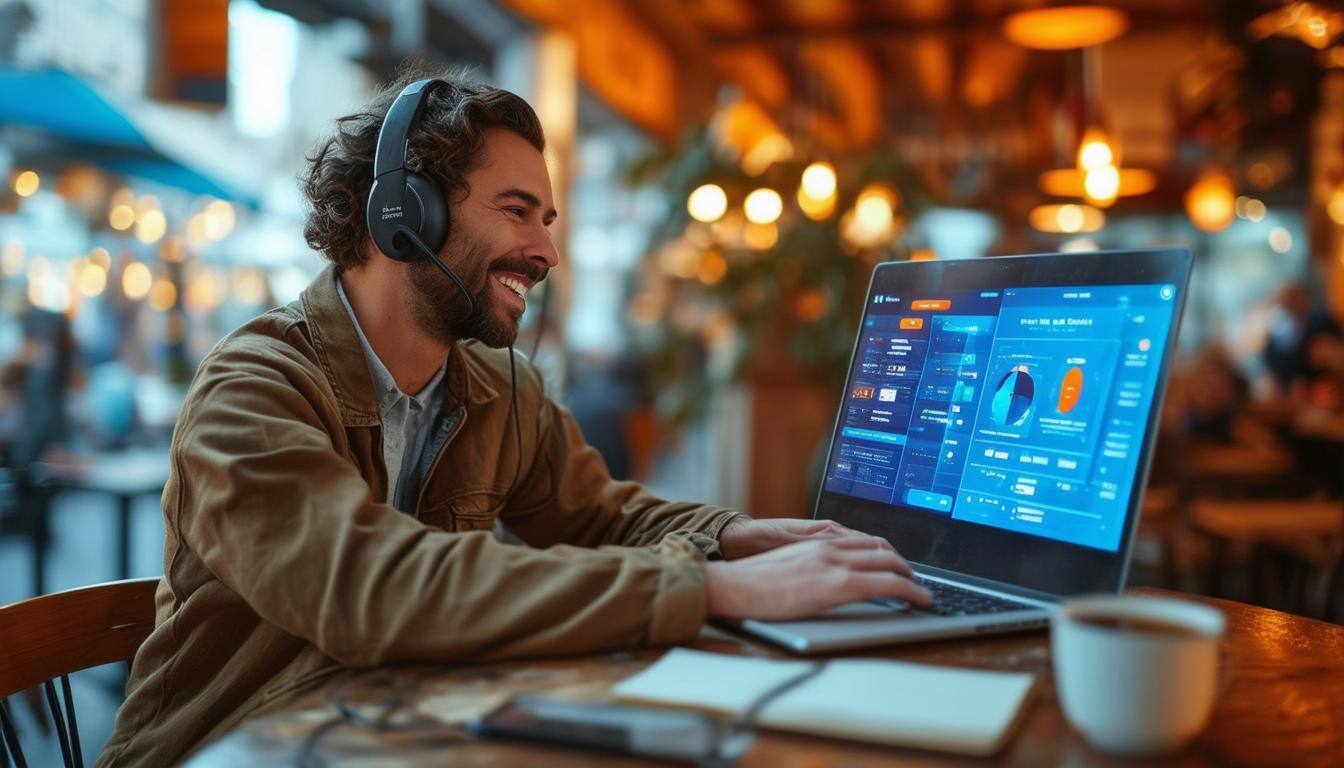 Depict a small business owner sitting at a café table with a laptop open, talking on a headset